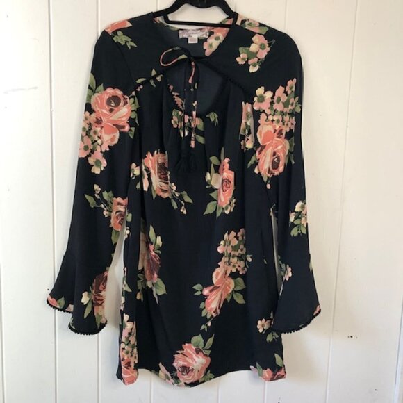 Band Of Gypsies Womens Floral Dress with Tie Front and Long Flare Sleeves X-Smal - Picture 1 of 14